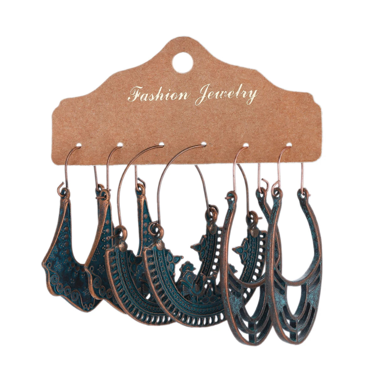 3-Pair Set Ethnic Bronze Round Geometric Dangle Earrings Set Women's Fashion Carved Hollow Design Indian Earrings Jewelry Brincos