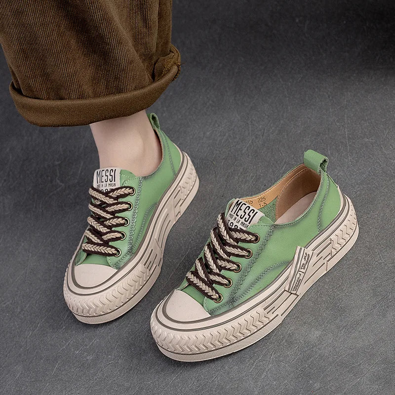 Green Genuine Leather Women Shoes Sneakers Lace-up Sewing Flat Handmade Leisure Comfortable Ladies Shoes