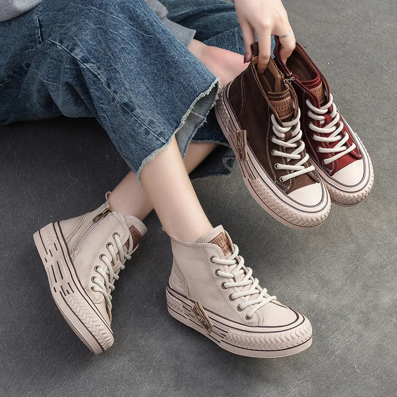 Brown Genuine Leather Sneakers Women Shoes Lace-up Sewing Flat Handmade Leisure Comfortable Ladies Shoes