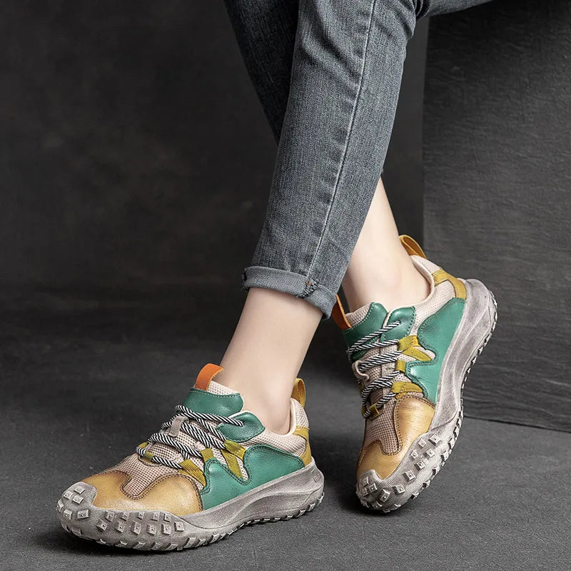 Retro Mix Green Lace-up Shoes Women Sneakers Genuine Leather Mixed Colors Handmade Comfortable Retro Platform Sneakers