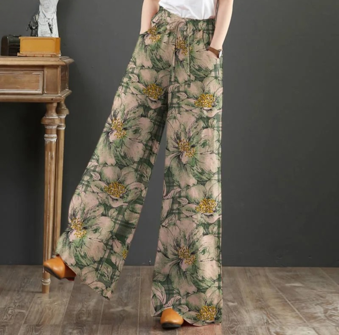 Green Bohemian Floral Printed Long Trousers | Women Elastic Waist Vintage Wide Leg Pants | Casual Loose Pantalon Holiday Palazzo