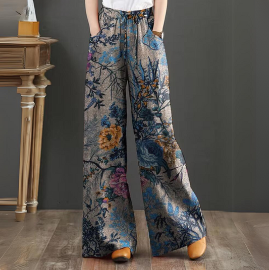 Blue Women Vintage Floral Printed | Wide Leg Pants Autumn Trousers | Casual Elastic Waist Loose Palazzo Bohemian Holiday Pantalon