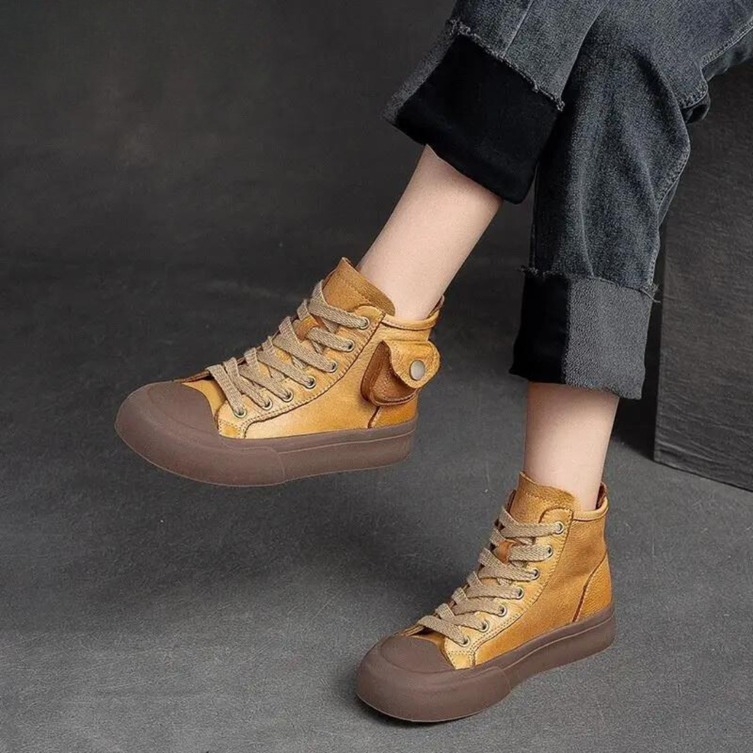 Retro Yellow Lace-up Flat Platform Shoes Genuine Leather Thick Soled Round Toe Casual Women's Shoes