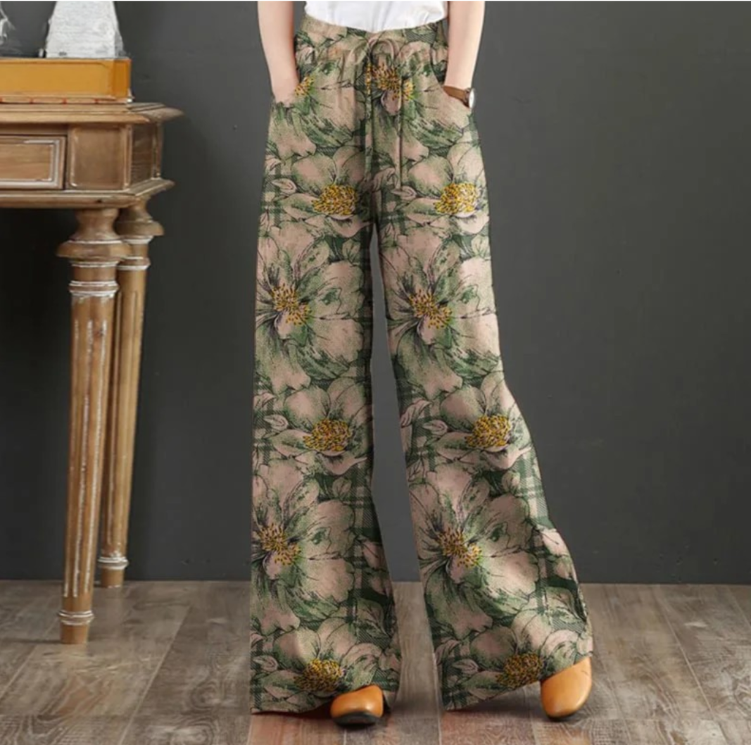 Green Bohemian Floral Printed Long Trousers | Women Elastic Waist Vintage Wide Leg Pants | Casual Loose Pantalon Holiday Palazzo