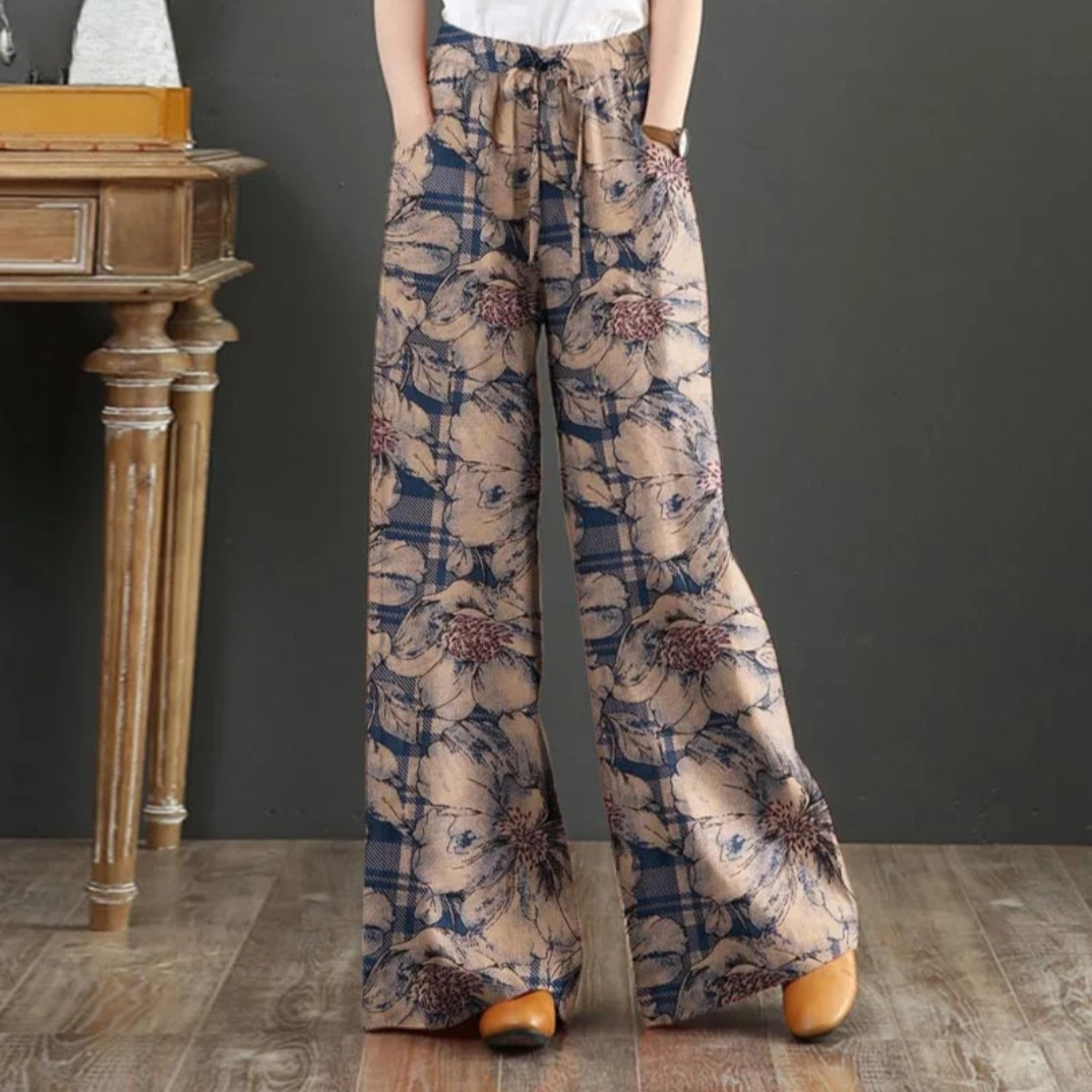 Blue Bohemian Floral Printed Long Trousers Women Elastic Waist Vintage Wide Leg Pants Casual Loose Pantalon Holiday Palazzo