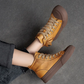 Retro Yellow Lace-up Flat Platform Shoes Genuine Leather Thick Soled Round Toe Casual Women's Shoes