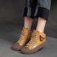 Retro Yellow Lace-up Flat Platform Shoes Genuine Leather Thick Soled Round Toe Casual Women's Shoes