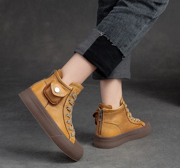 Retro Yellow Lace-up Flat Platform Shoes Genuine Leather Thick Soled Round Toe Casual Women's Shoes