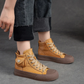 Retro Yellow Lace-up Flat Platform Shoes Genuine Leather Thick Soled Round Toe Casual Women's Shoes