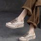 Beige Genuine Leather Women Shoes Sneakers Lace-up Sewing Flat Handmade Leisure Comfortable Ladies Shoes