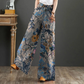 Blue Women Vintage Floral Printed | Wide Leg Pants Autumn Trousers | Casual Elastic Waist Loose Palazzo Bohemian Holiday Pantalon