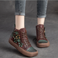 Brown Retro Lady Flat Boots Lace UP Flower Designer Woman Fashion Shoes Genuine Leather Vintage Forest Boots Ankle Shoes