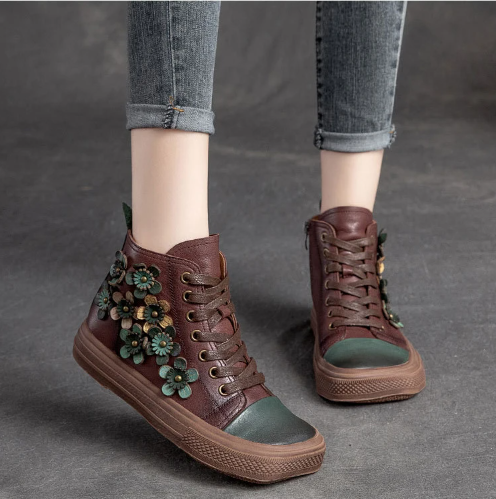 Brown Retro Lady Flat Boots Lace UP Flower Designer Woman Fashion Shoes Genuine Leather Vintage Forest Boots Ankle Shoes