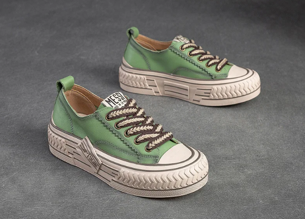 Green Genuine Leather Women Shoes Sneakers Lace-up Sewing Flat Handmade Leisure Comfortable Ladies Shoes