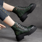 Moss Green Cow Leather Quality Women Shoes Autumn Winter Square Med Heel Ankle Boots Lace Up Zipper Ladies Pumps