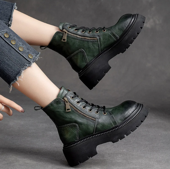 Moss Green Cow Leather Quality Women Shoes Autumn Winter Square Med Heel Ankle Boots Lace Up Zipper Ladies Pumps