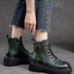 Moss Green Cow Leather Quality Women Shoes Autumn Winter Square Med Heel Ankle Boots Lace Up Zipper Ladies Pumps