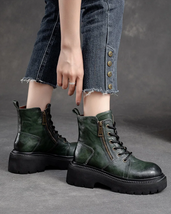 Moss Green Cow Leather Quality Women Shoes Autumn Winter Square Med Heel Ankle Boots Lace Up Zipper Ladies Pumps