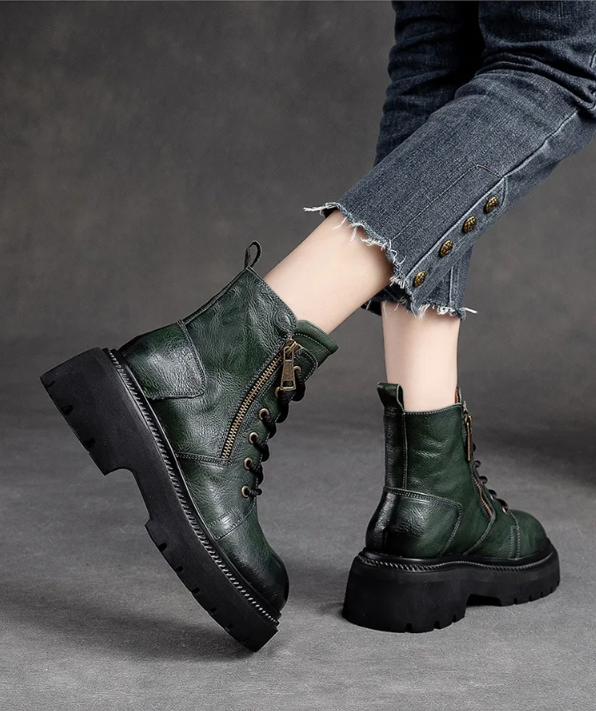 Moss Green Cow Leather Quality Women Shoes Autumn Winter Square Med Heel Ankle Boots Lace Up Zipper Ladies Pumps