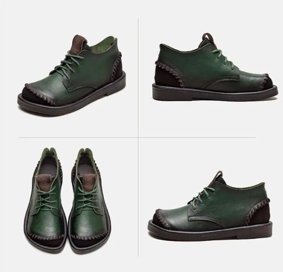 Green Square Toe Lace Up Thick Soled Boots For Women Platform Ankle Boots Genuine Leather Autumn Luxury Sewing Causal Shoes