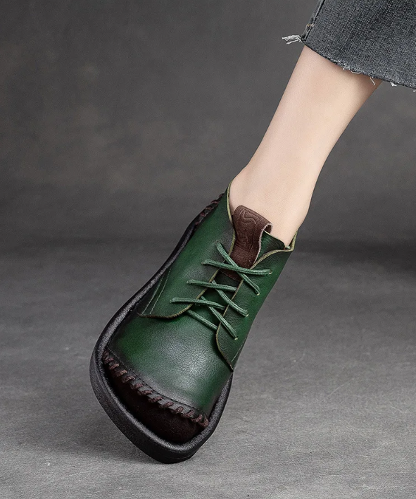 Green Square Toe Lace Up Thick Soled Boots For Women Platform Ankle Boots Genuine Leather Autumn Luxury Sewing Causal Shoes