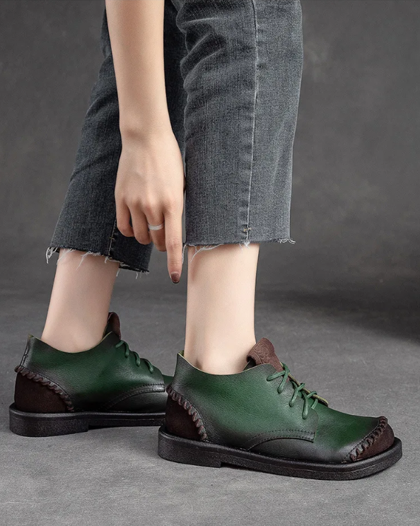 Green Square Toe Lace Up Thick Soled Boots For Women Platform Ankle Boots Genuine Leather Autumn Luxury Sewing Causal Shoes