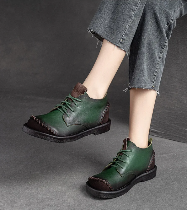 Green Square Toe Lace Up Thick Soled Boots For Women Platform Ankle Boots Genuine Leather Autumn Luxury Sewing Causal Shoes