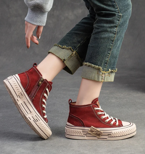 Red Genuine Leather Sneakers Women Shoes Lace-up Sewing Flat Handmade Leisure Comfortable Ladies Shoes