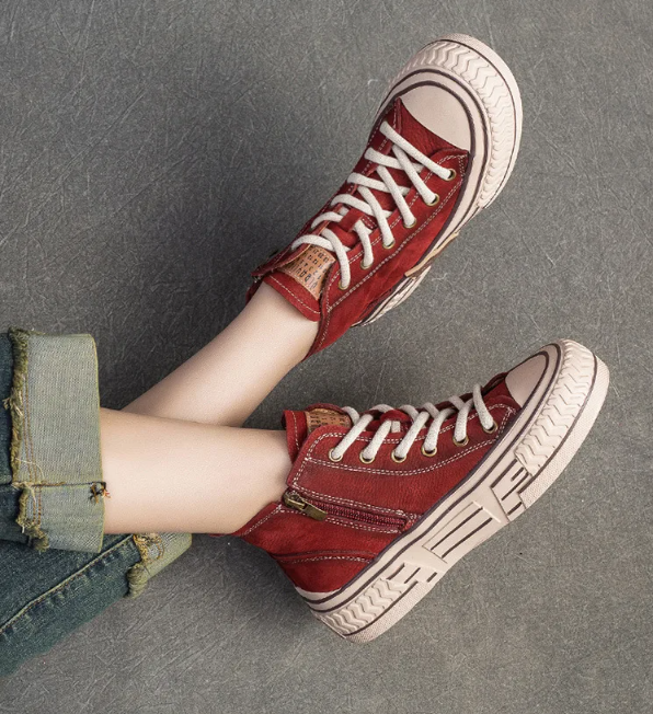 Red Genuine Leather Sneakers Women Shoes Lace-up Sewing Flat Handmade Leisure Comfortable Ladies Shoes